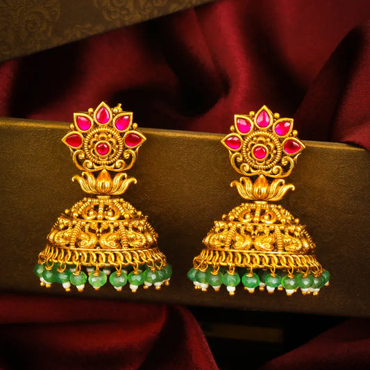 Kamala Vana Jhumka | Gold-Plated Lotus Forest Temple Earrings