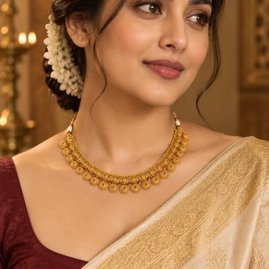 Muthu Kamalam Swarna Haar Short Necklace Set | Gold-Plated Temple