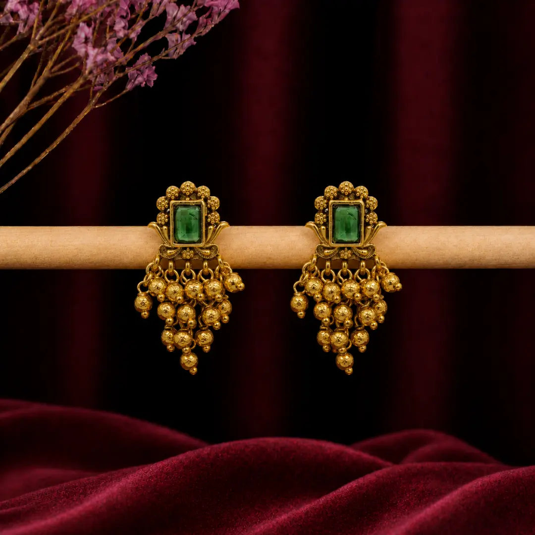 Emerald Gundla Gold Ball Temple Drop Earrings Bali R-2160