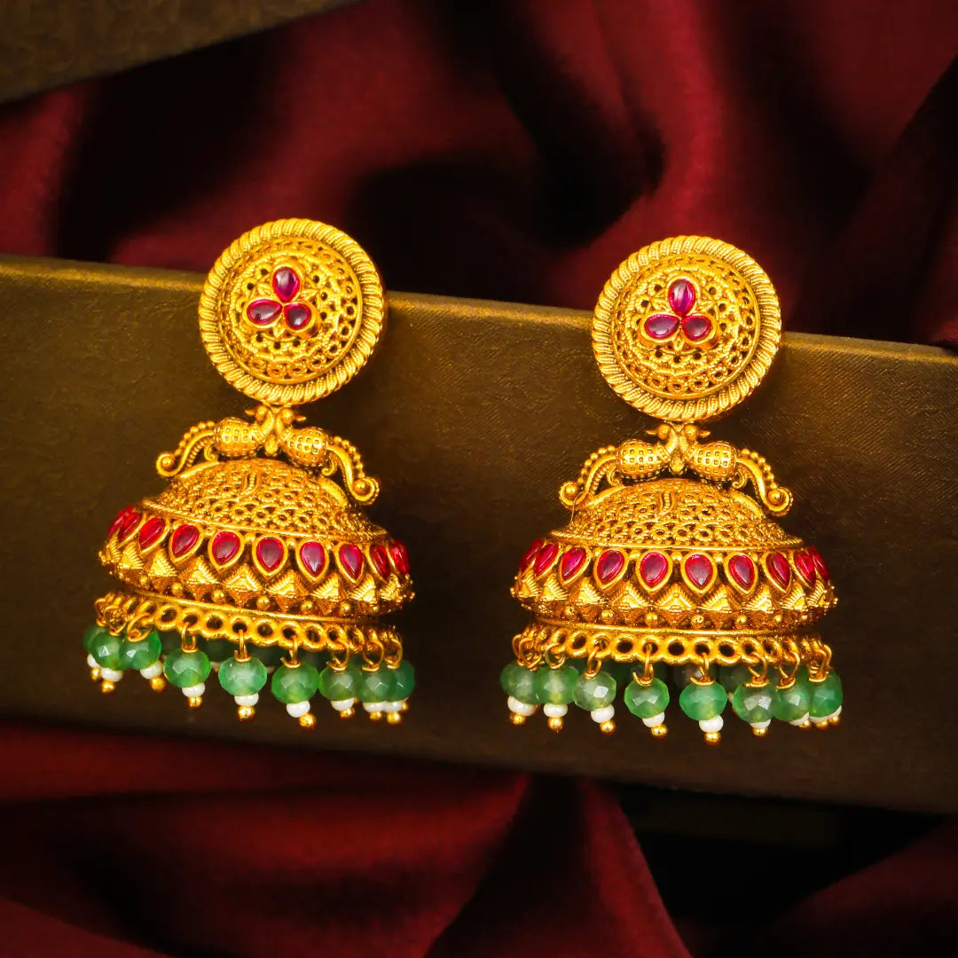 Jali Vana Jhumka | Gold-Plated Filigree Forest Temple Earrings