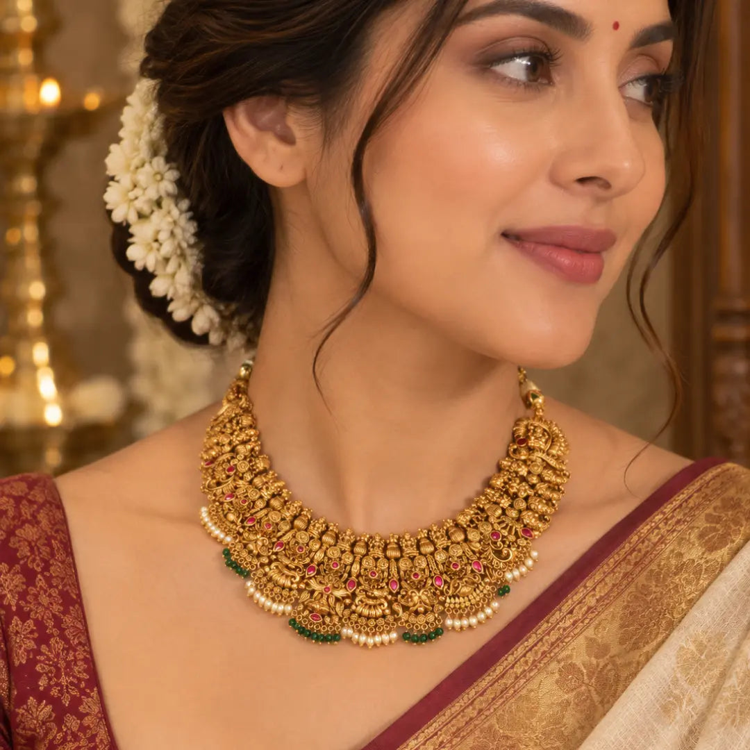 Swarna Manga Kamalam Kanti Short Necklace Set | Gold-Plated Temple J-1183