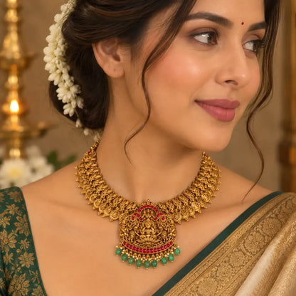 Antique Swarna Kamalam Haar Short Necklace Set | Gold-Plated Temple J-1043