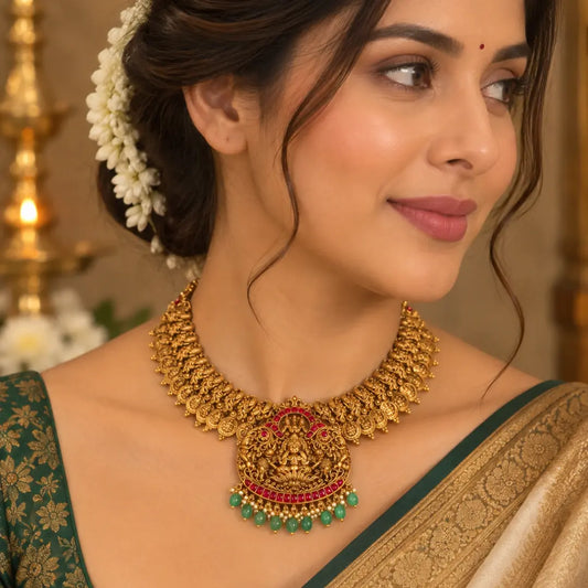 Antique Swarna Kamalam Haar Short Necklace Set | Gold-Plated Temple J-1043