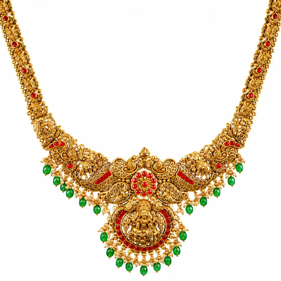 Meenakshi Rekha Haram Long Necklace Set | Gold-Plated Temple Jewellery J-867