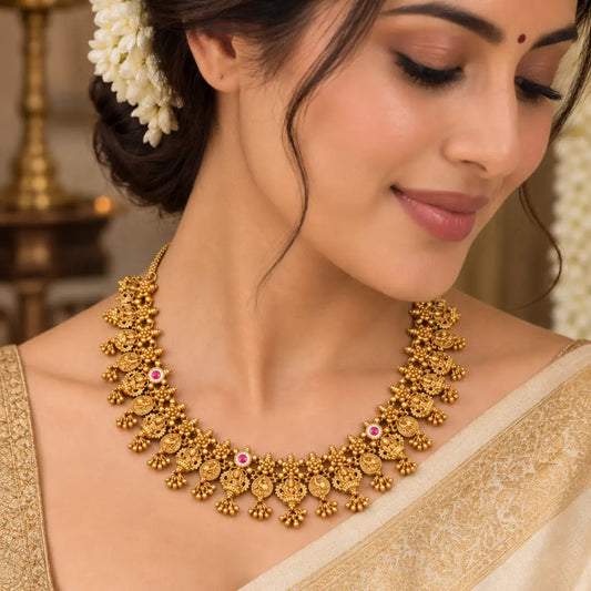 Gaja Kasu Temple Jewellery Short Necklace Set for South Indian Bridal J-937