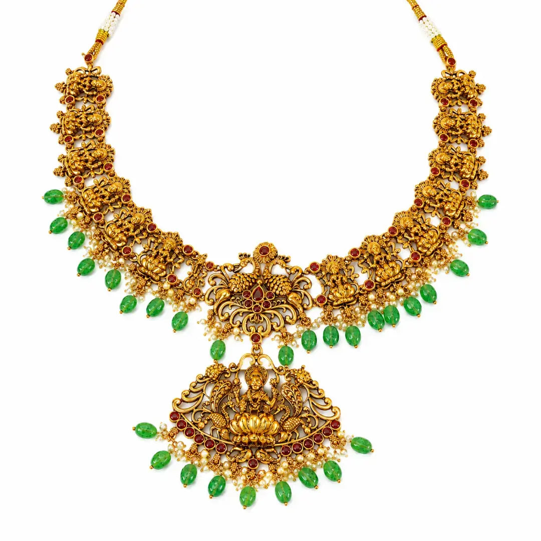 Antique Lakshmi Temple Combo Necklace Set with Green Beads L-90