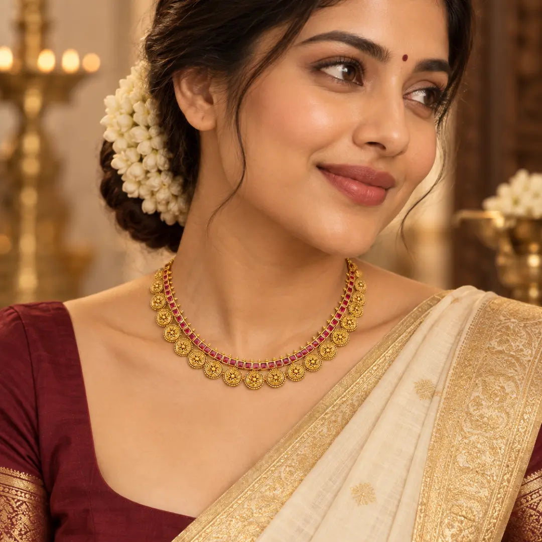 Pushpa Dwi Temple Jewellery Short Necklace Set with Dual Floral Design K-1858