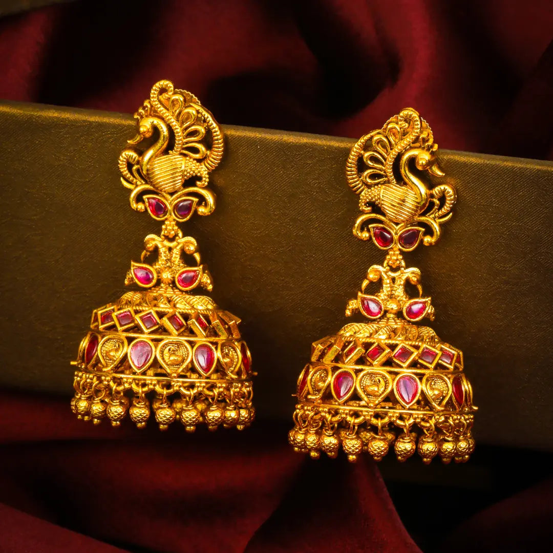 Mayura Ratna Jhumka | Gold-Plated Peacock Gemstone Temple Earrings