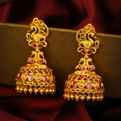 Mayura Ratna Jhumka | Gold-Plated Peacock Gemstone Temple Earrings