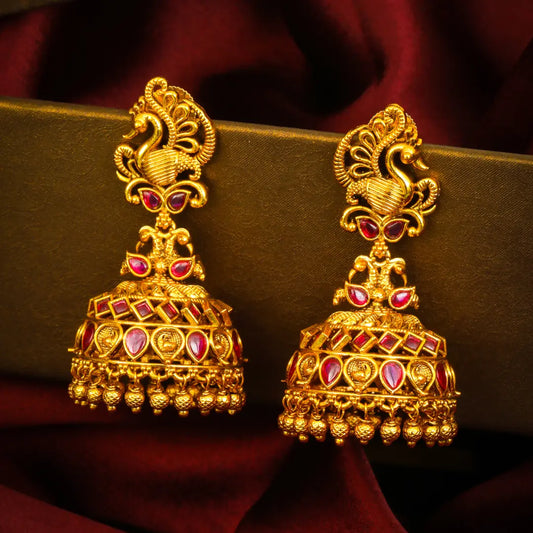 Mayura Ratna Jhumka | Gold-Plated Peacock Gemstone Temple Earrings