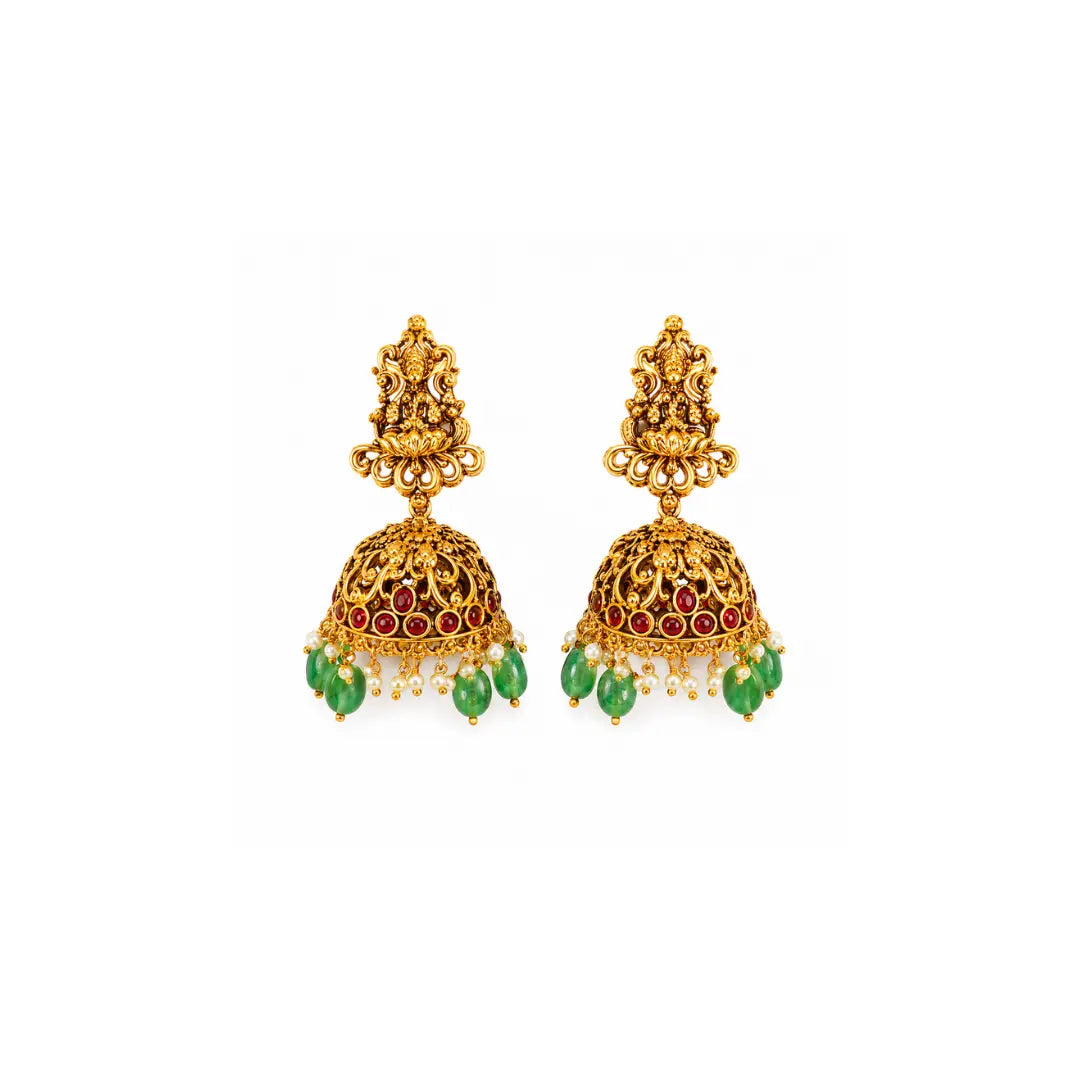Antique Lakshmi Temple Short Necklace Set with Green Beads L-90