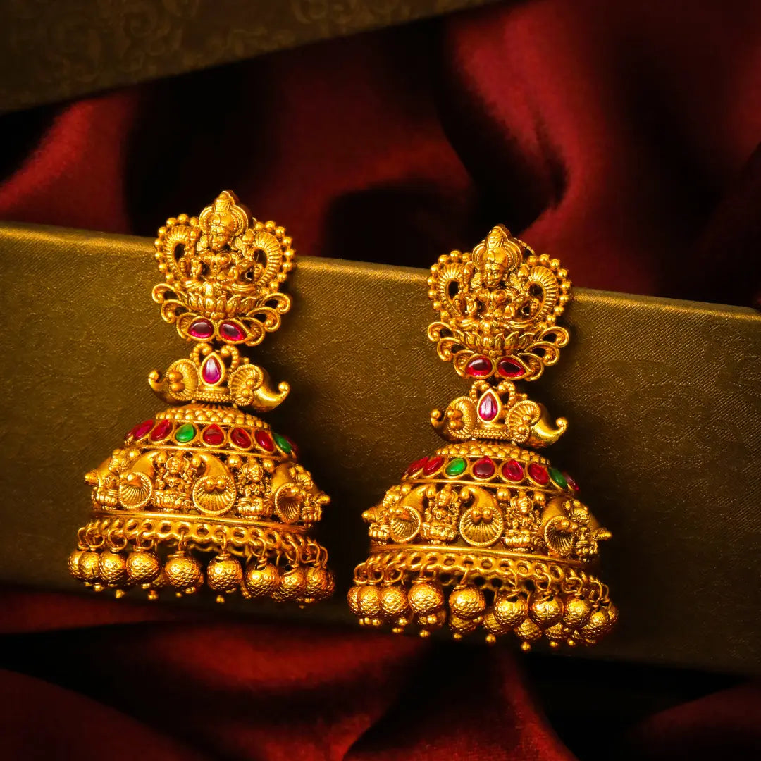 Devi Mukuta Jhumka | Gold-Plated Goddess Crown Temple Earrings
