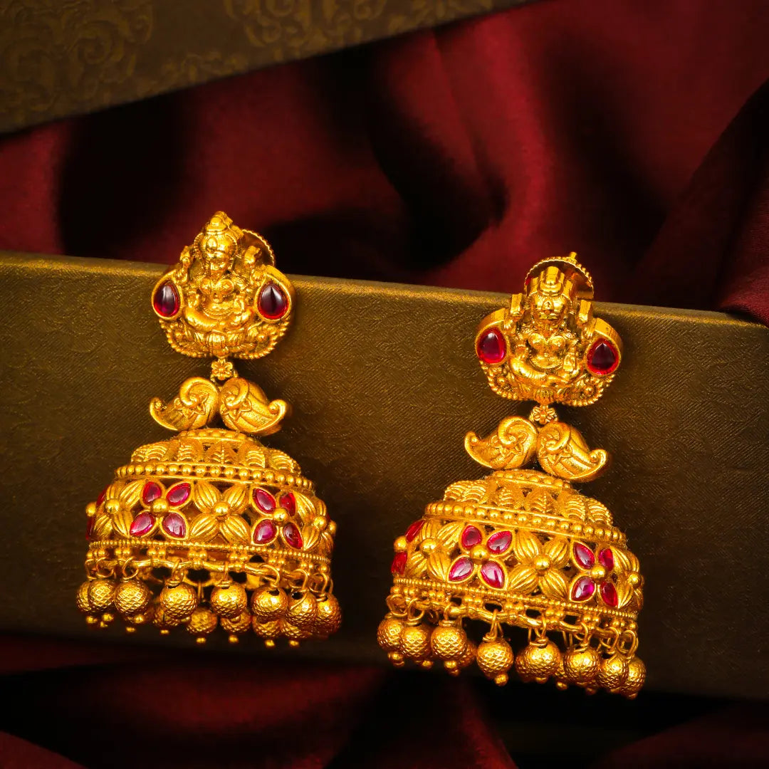 Padma Vilasa Jhumka | Gold-Plated Lotus Splendour Temple Earrings