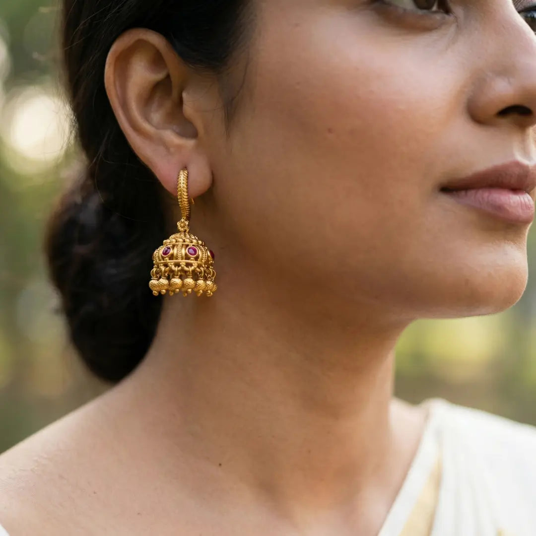 Ratna Ghungroo Jhumka | Gold-Plated Gemstone Bell Temple Earrings T-90