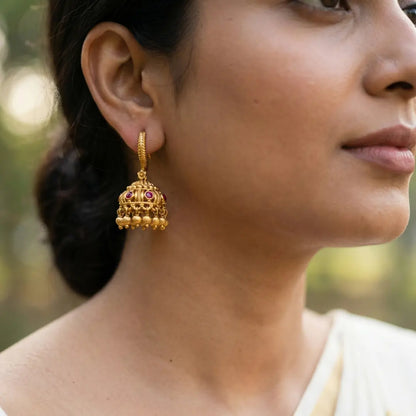 Ratna Ghungroo Jhumka | Gold-Plated Gemstone Bell Temple Earrings T-90