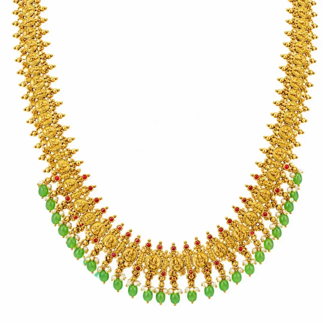 Swarna Antique Pachi Mala Combo Necklace Set | Gold-Plated Temple J-1029N