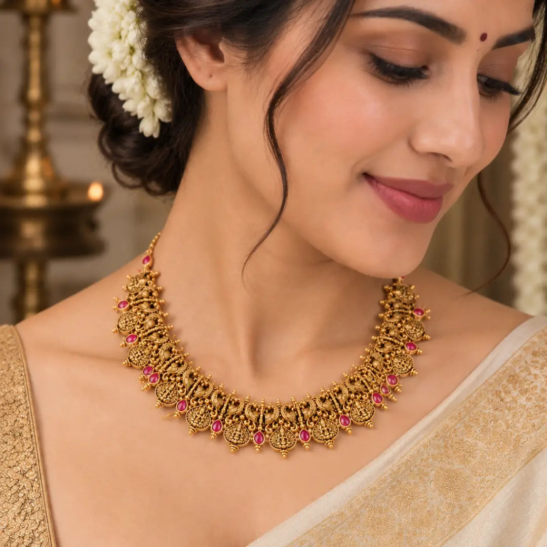 Pushpa Kali Temple Jewellery Short Necklace Set with Floral Design J-940