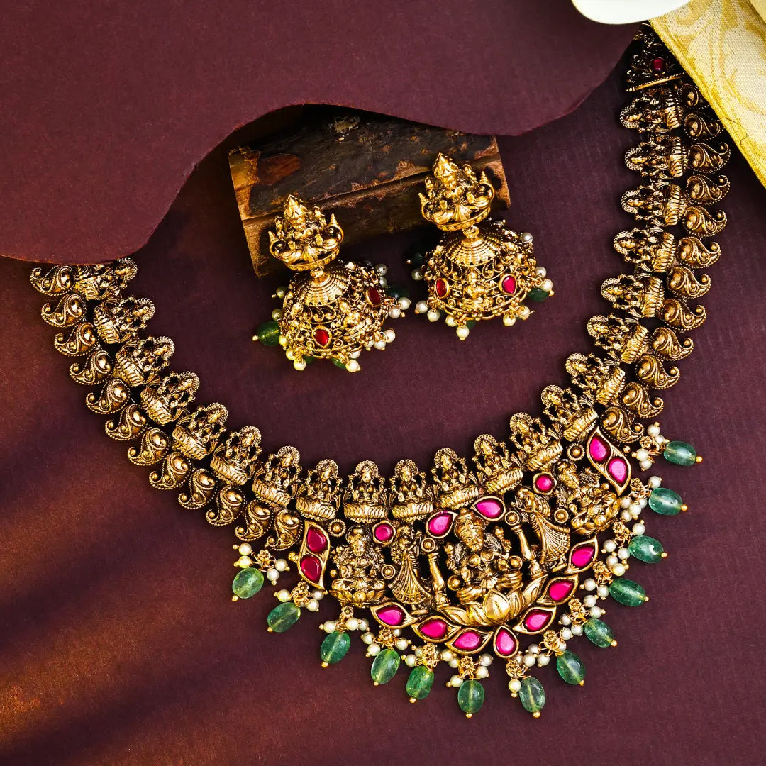 Heritage Ruby-Green Beaded Lakshmi short necklace Set J-150