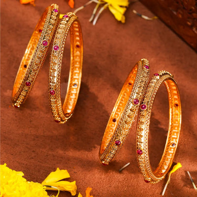 Antique Flower Temple Bangle with Gold-Plated Detailing V-1765