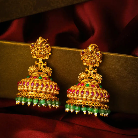 Haritha Pushpa Jhumka | Gold-Plated Green Floral Temple Earrings