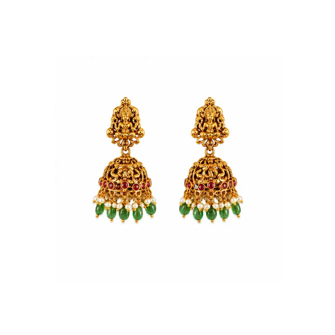 Antique Lakshmi Temple Long Necklace Set with Green Beads L-90