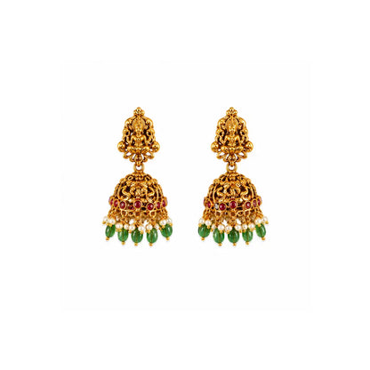 Antique Lakshmi Temple Long Necklace Set with Green Beads L-90