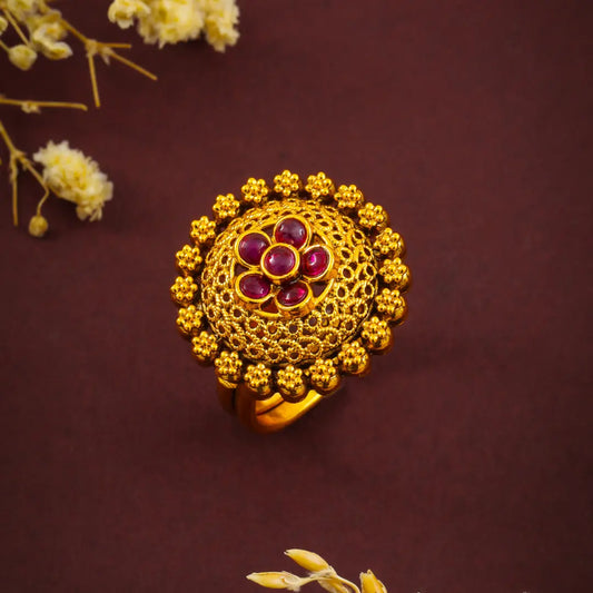 South Indian Gold-Plated Flower Ring V-1986
