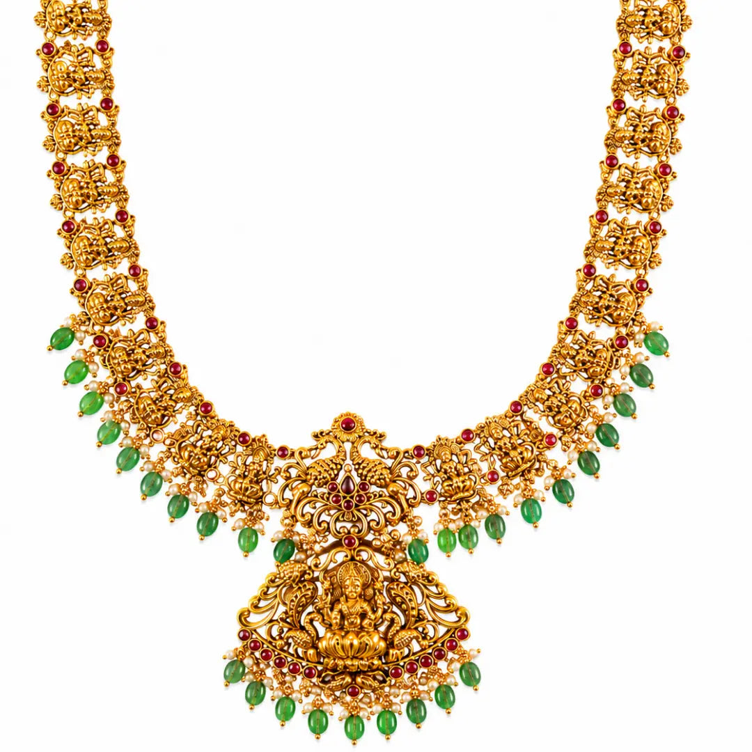Antique Lakshmi Temple Long Necklace Set with Green Beads L-90
