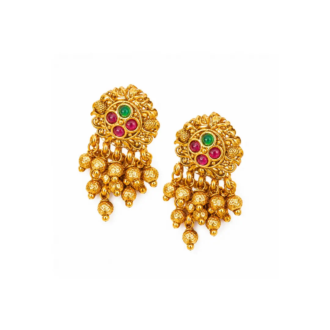 Minimalist Temple Bali Earrings – Gold-Plated Ruby & Emerald Design R-2155