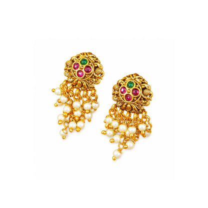 Minimalist Temple Bali Earrings – Gold-Plated Ruby & Emerald Design R-2155