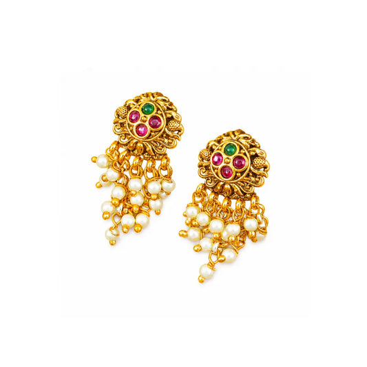 Minimalist Temple Bali Earrings – Gold-Plated Ruby & Emerald Design R-2155