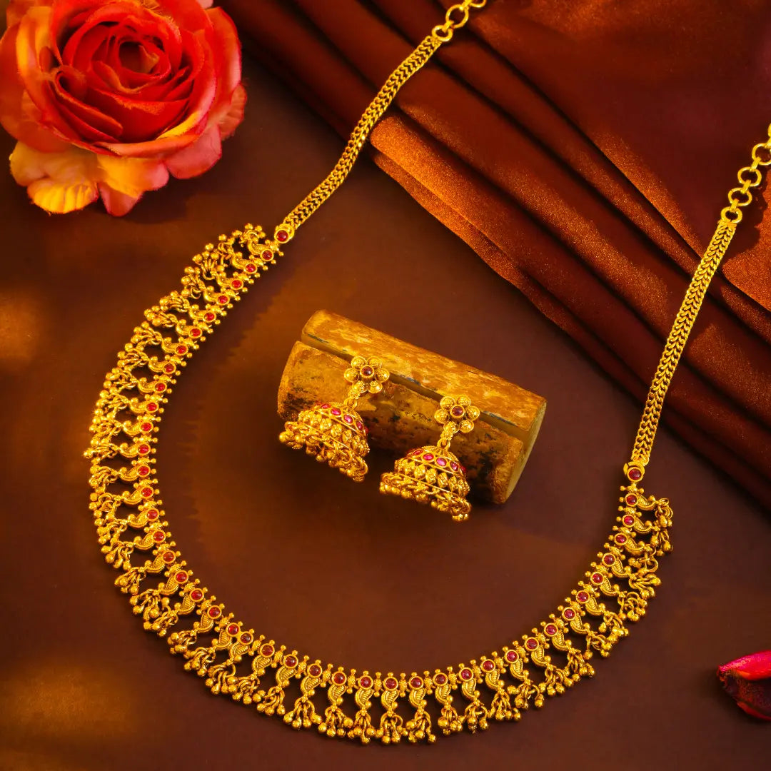 Navaratna Manga Haar Short Necklace Set | Gold-Plated Temple Jewellery