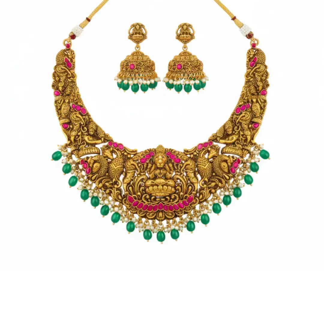 Heritage Temple Jewellery Bridal Combo Set | Laxmi Design Gold Look J-1240N