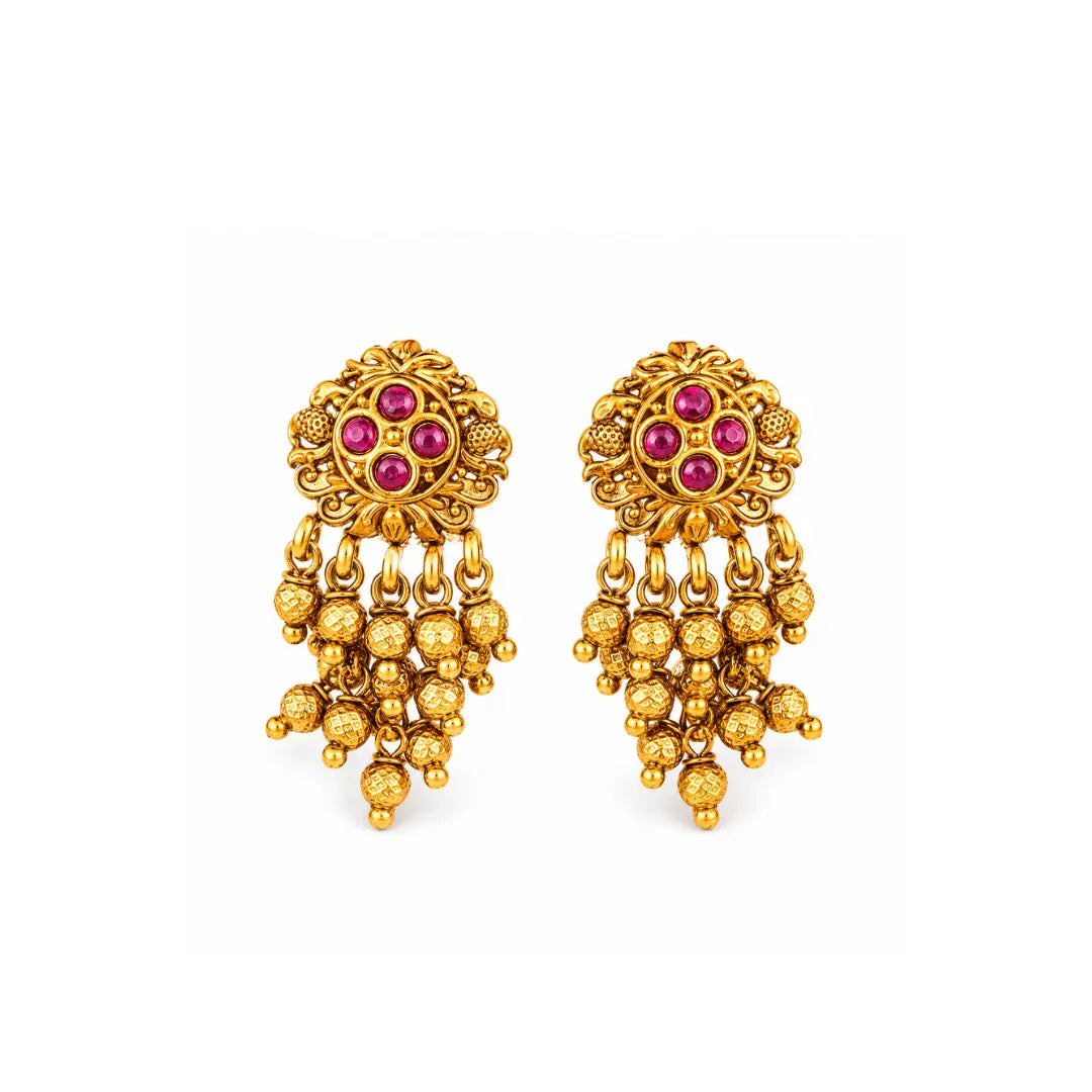Minimalist Temple Bali Earrings – Gold-Plated Ruby & Emerald Design R-2155