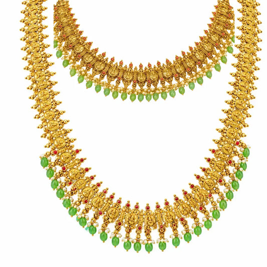 Swarna Antique Pachi Mala Combo Necklace Set | Gold-Plated Temple J-1029N
