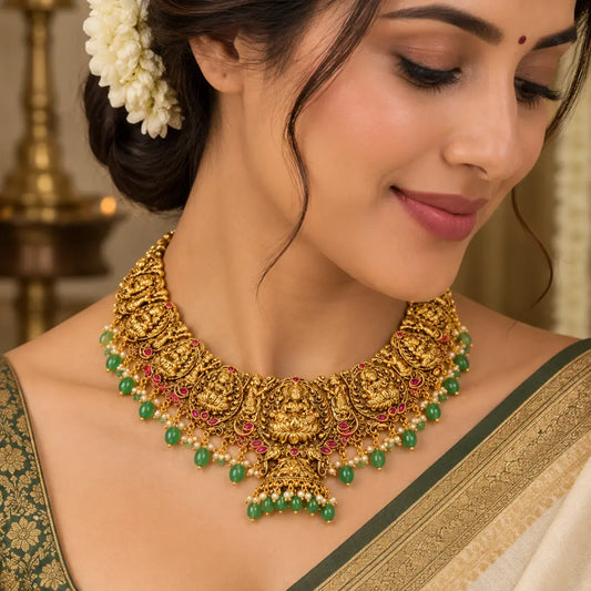 Swarna Kamala Kanti Short Necklace Set | Gold-Plated Temple Jewellery J-1013