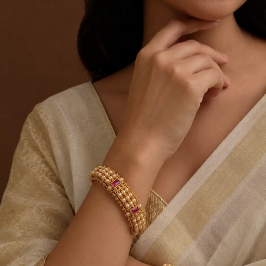 Hamsa Kankana Kada Bangle | Gold-Plated Sacred Swan Temple Bangle V-2479