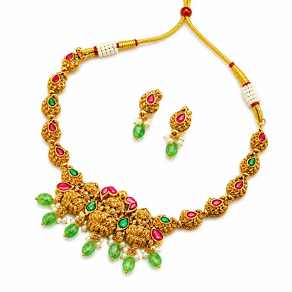 Antique Lakshmi Short Necklace Set – Gold Plated T-34