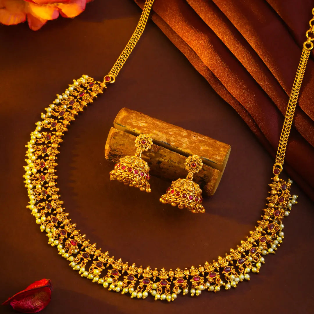 Kamakshi Ratna Kanti Short Necklace Set | Gold-Plated Temple Jewellery