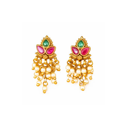 South Indian Temple Bali Earrings – Minimalist Pearl Cluster Look T-73