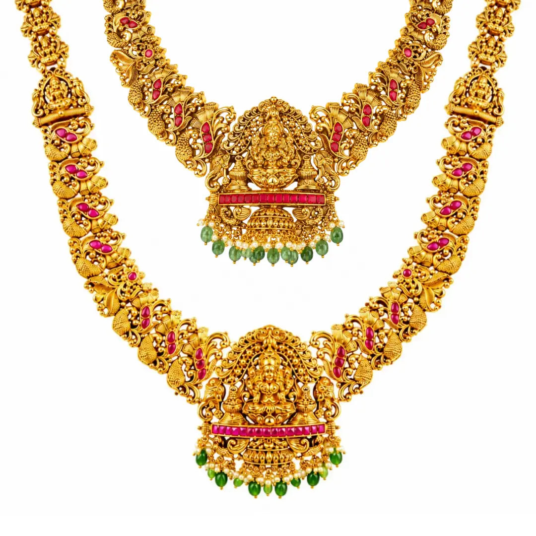 Gajalakshmi Bridal Combo Necklace Set | Gold-Plated Temple Jewellery J-1051N