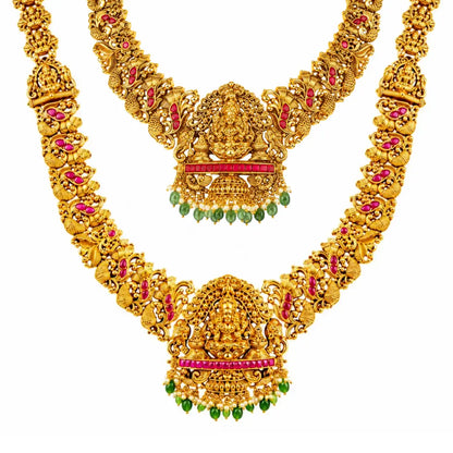 Gajalakshmi Bridal Combo Necklace Set | Gold-Plated Temple Jewellery J-1051N