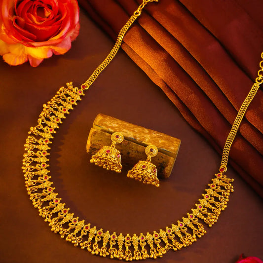 Ratna Gajra Short Necklace Set | Gold-Plated Temple Jewellery