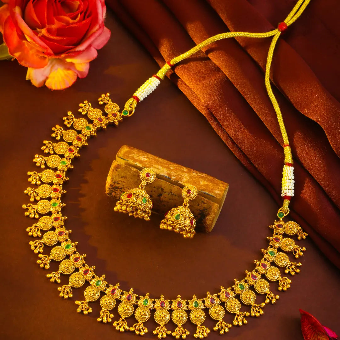 Surya Mandala Short Necklace Set | Gold-Plated Sun Temple Jewellery