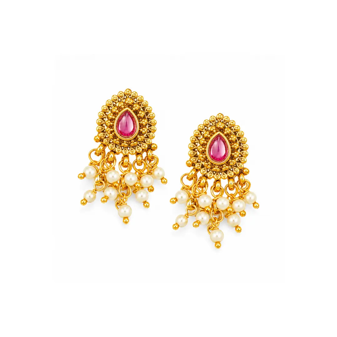 Elegant Minimal Temple Bali Earrings – Gold-Plated Ruby Pearl Design R-2153
