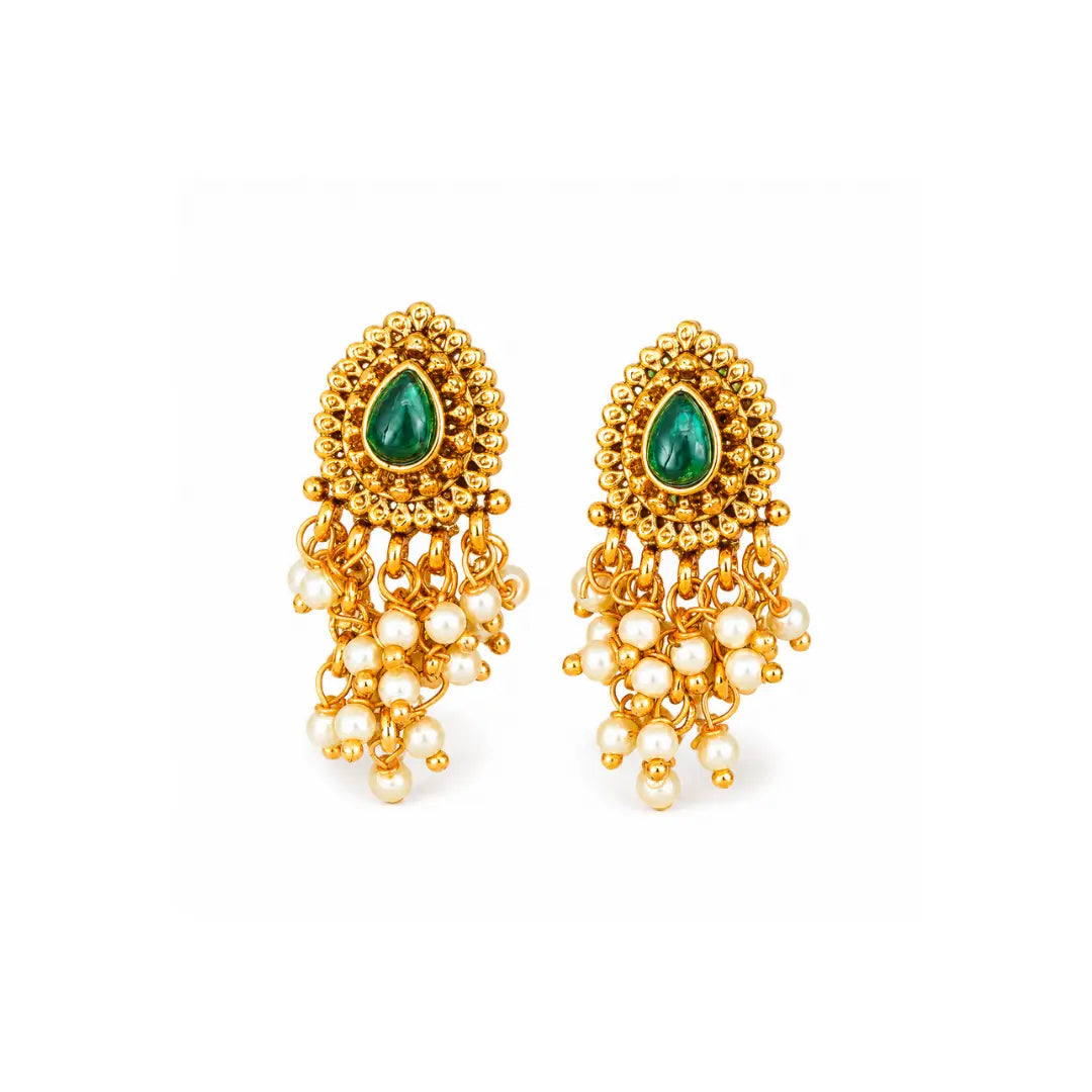 Elegant Minimal Temple Bali Earrings – Gold-Plated Ruby Pearl Design R-2153