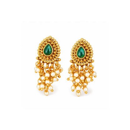 Elegant Minimal Temple Bali Earrings – Gold-Plated Ruby Pearl Design R-2153