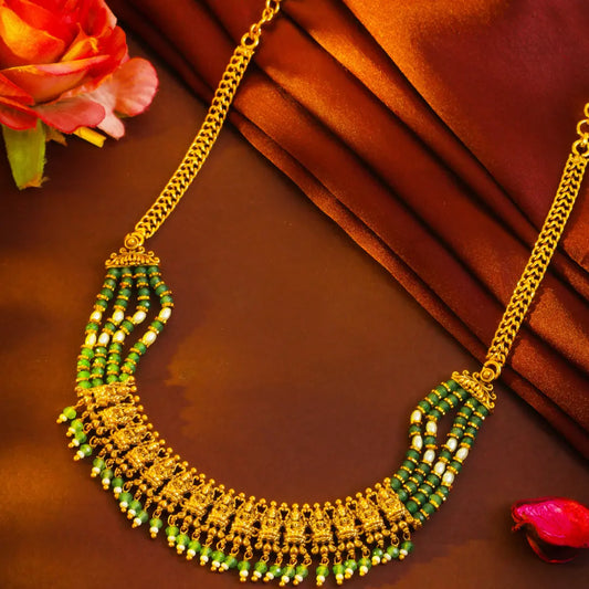 Haritashree Haram | Gold-Plated Green Goddess Temple Necklace Set