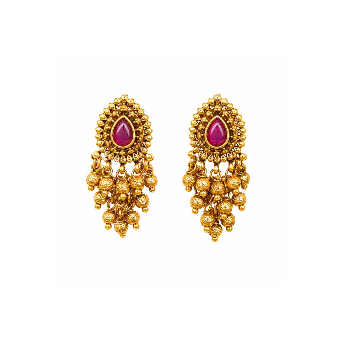 Elegant Minimal Temple Bali Earrings – Gold-Plated Ruby Pearl Design R-2153
