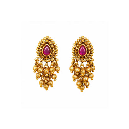 Elegant Minimal Temple Bali Earrings – Gold-Plated Ruby Pearl Design R-2153